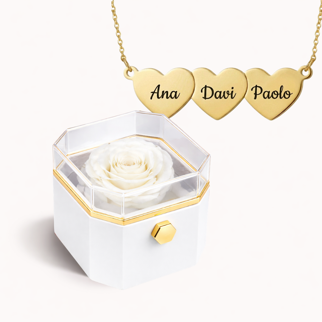 Caixa Rosa Eterna Rotativa + Colar Amor em Cada Nome
