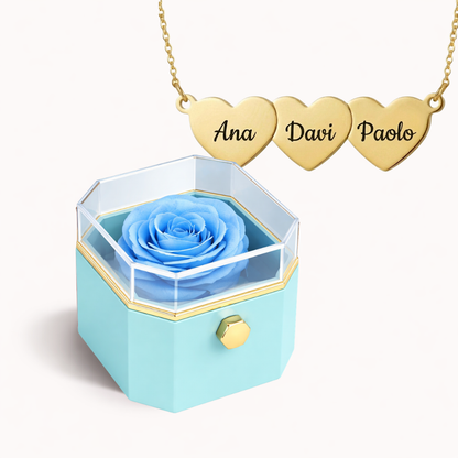 Caixa Rosa Eterna Rotativa + Colar Amor em Cada Nome