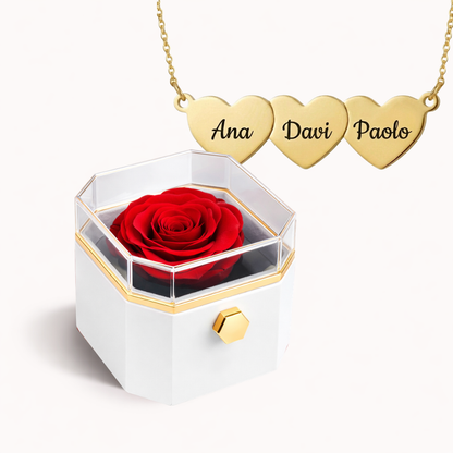 Caixa Rosa Eterna Rotativa + Colar Amor em Cada Nome