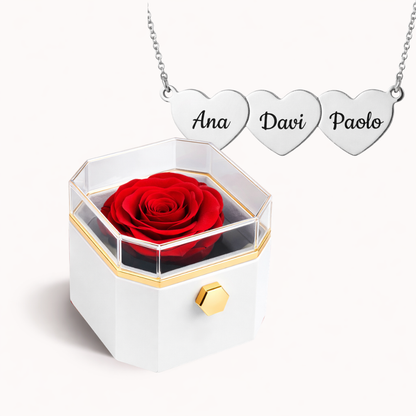 Caixa Rosa Eterna Rotativa + Colar Amor em Cada Nome