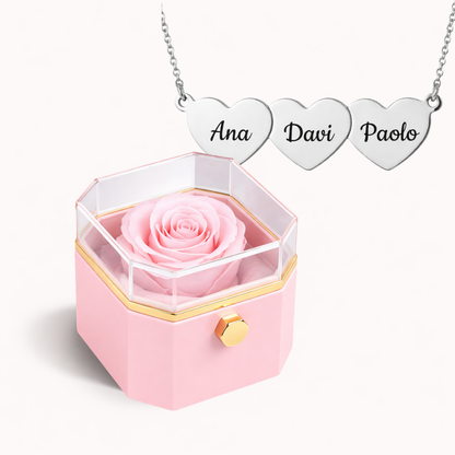 Caixa Rosa Eterna Rotativa + Colar Amor em Cada Nome