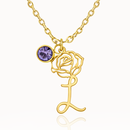 Colar Flor Gravada com Pedra de Nascimento Personalizado