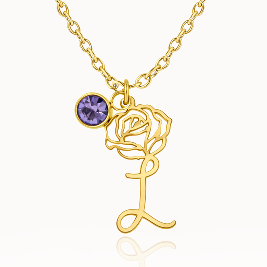 Colar Flor Gravada com Pedra de Nascimento Personalizado
