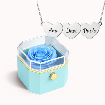 Caixa Rosa Eterna Rotativa + Colar Amor em Cada Nome