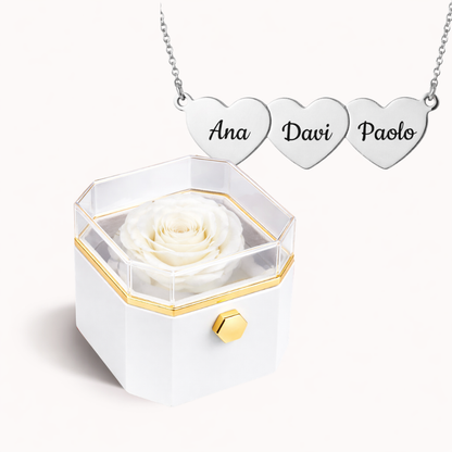 Caixa Rosa Eterna Rotativa + Colar Amor em Cada Nome