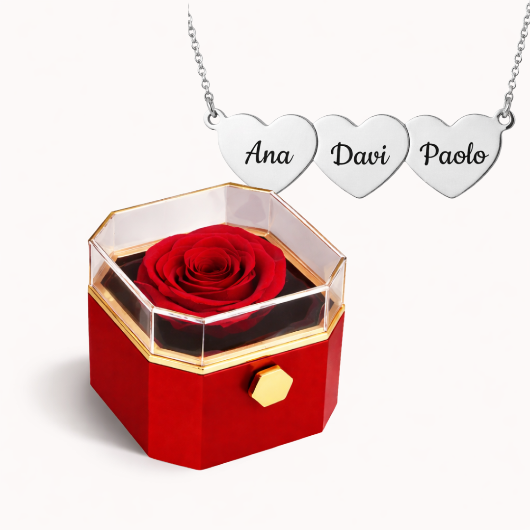 Caixa Rosa Eterna Rotativa + Colar Amor em Cada Nome