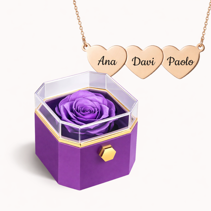Caixa Rosa Eterna Rotativa + Colar Amor em Cada Nome