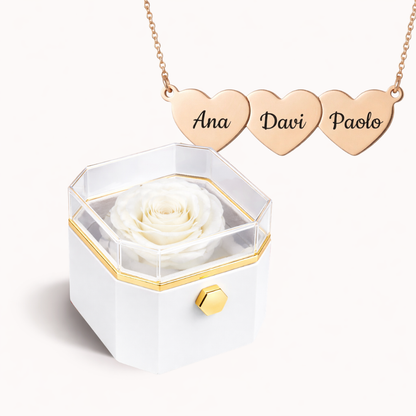 Caixa Rosa Eterna Rotativa + Colar Amor em Cada Nome