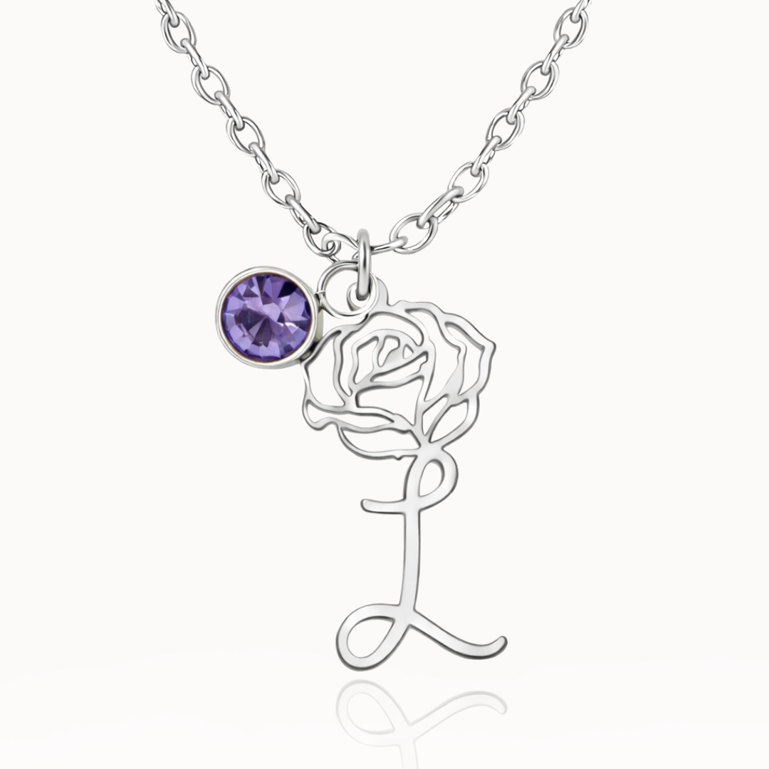 Colar Flor Gravada com Pedra de Nascimento Personalizado