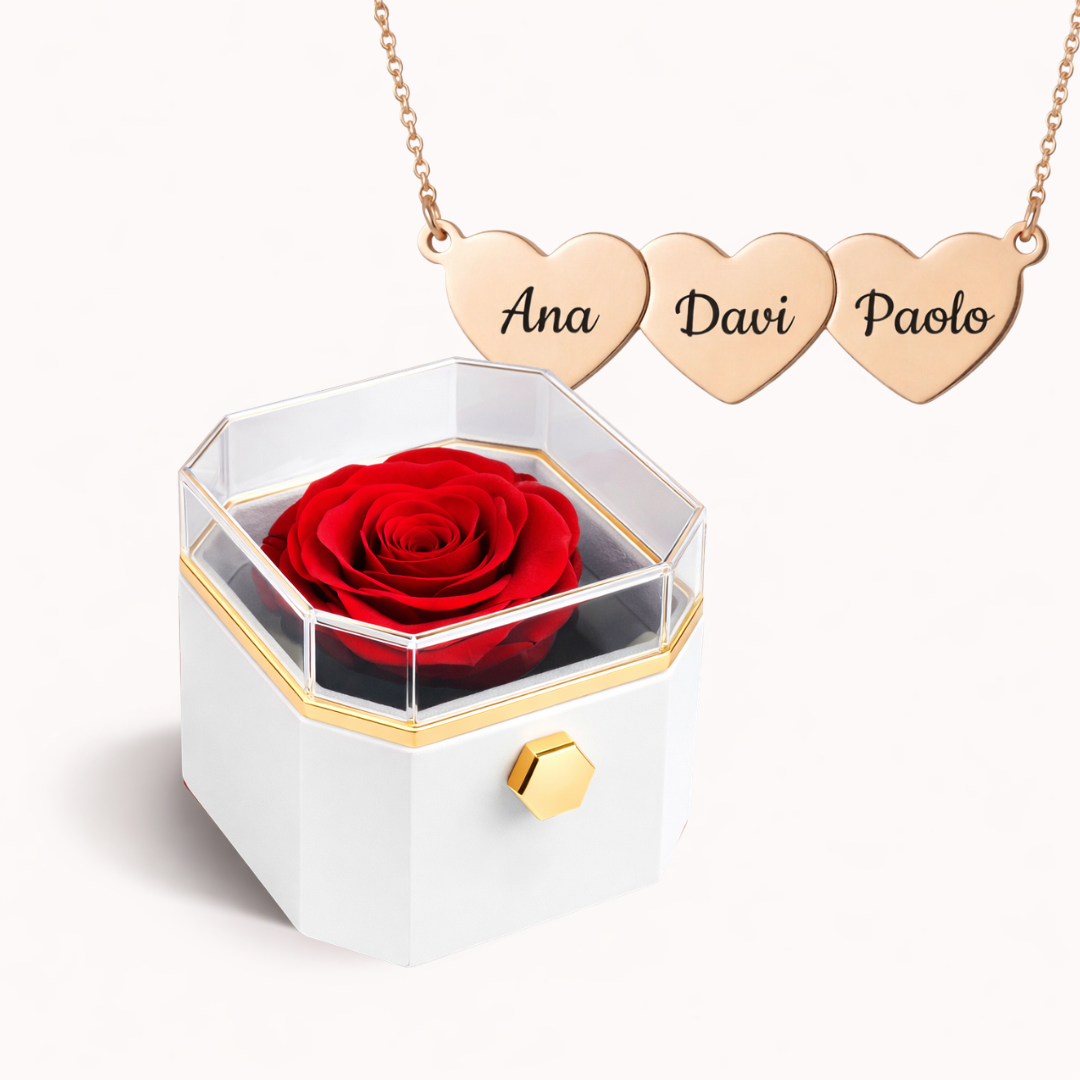 Caixa Rosa Eterna Rotativa + Colar Amor em Cada Nome