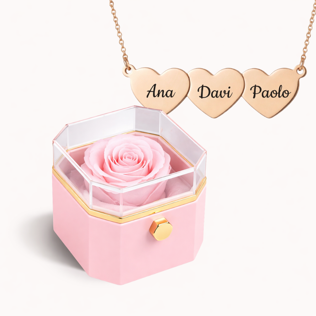 Caixa Rosa Eterna Rotativa + Colar Amor em Cada Nome