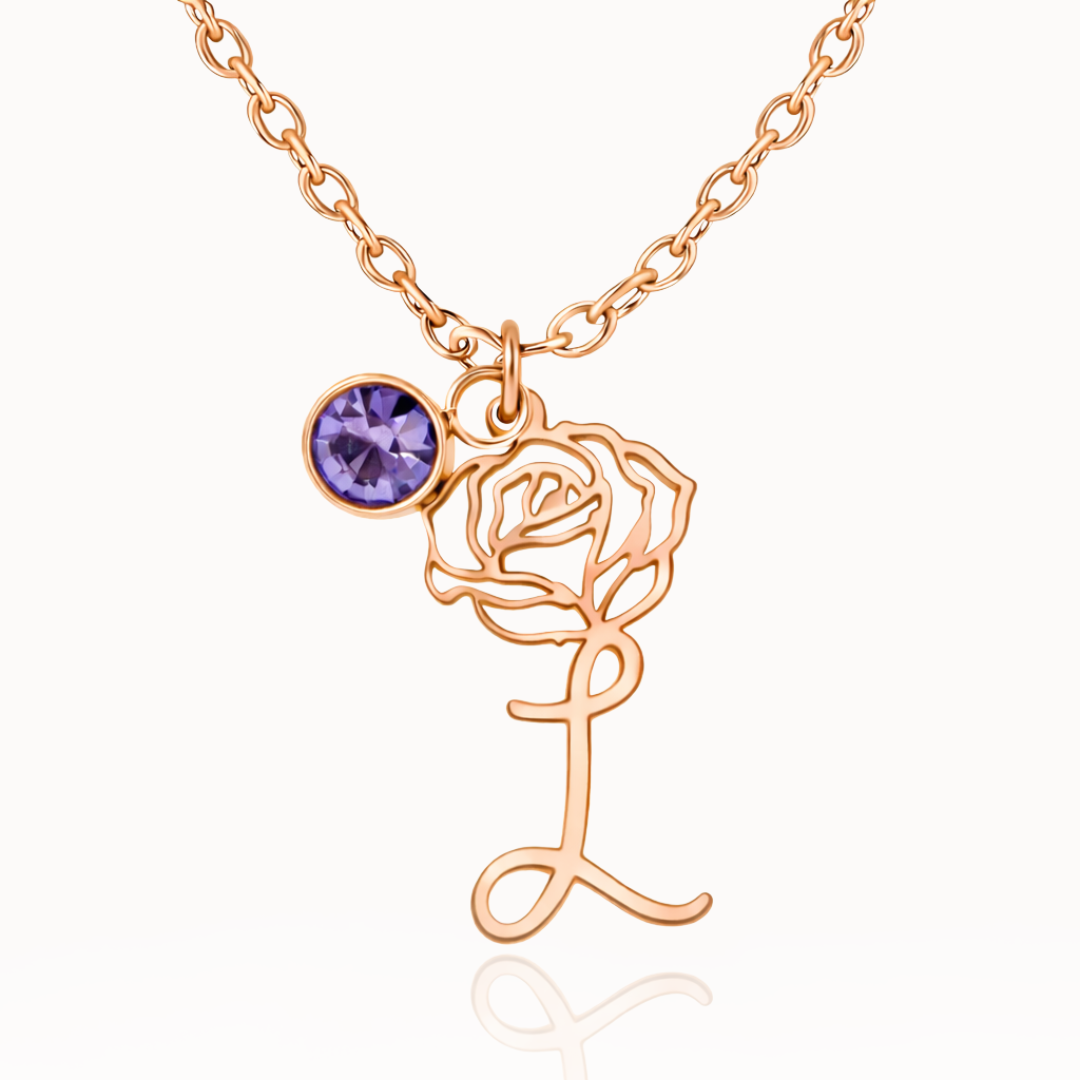 Colar Flor Gravada com Pedra de Nascimento Personalizado