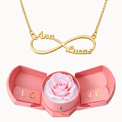 Caixa Rosa Eterna com Colar Infinito Personalizado