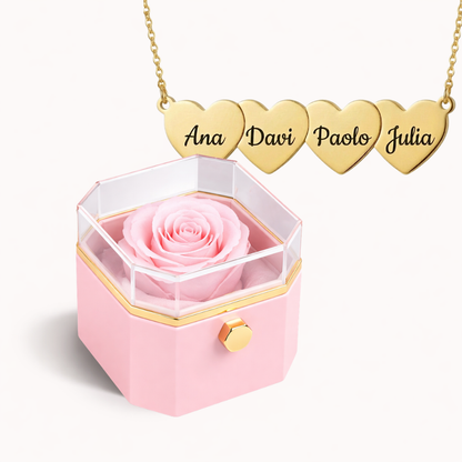 Caixa Rosa Eterna Rotativa + Colar Amor em Cada Nome