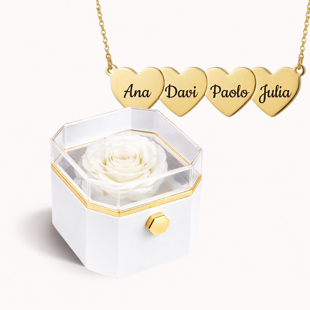 Caixa Rosa Eterna Rotativa + Colar Amor em Cada Nome