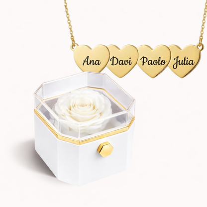 Caixa Rosa Eterna Rotativa + Colar Amor em Cada Nome