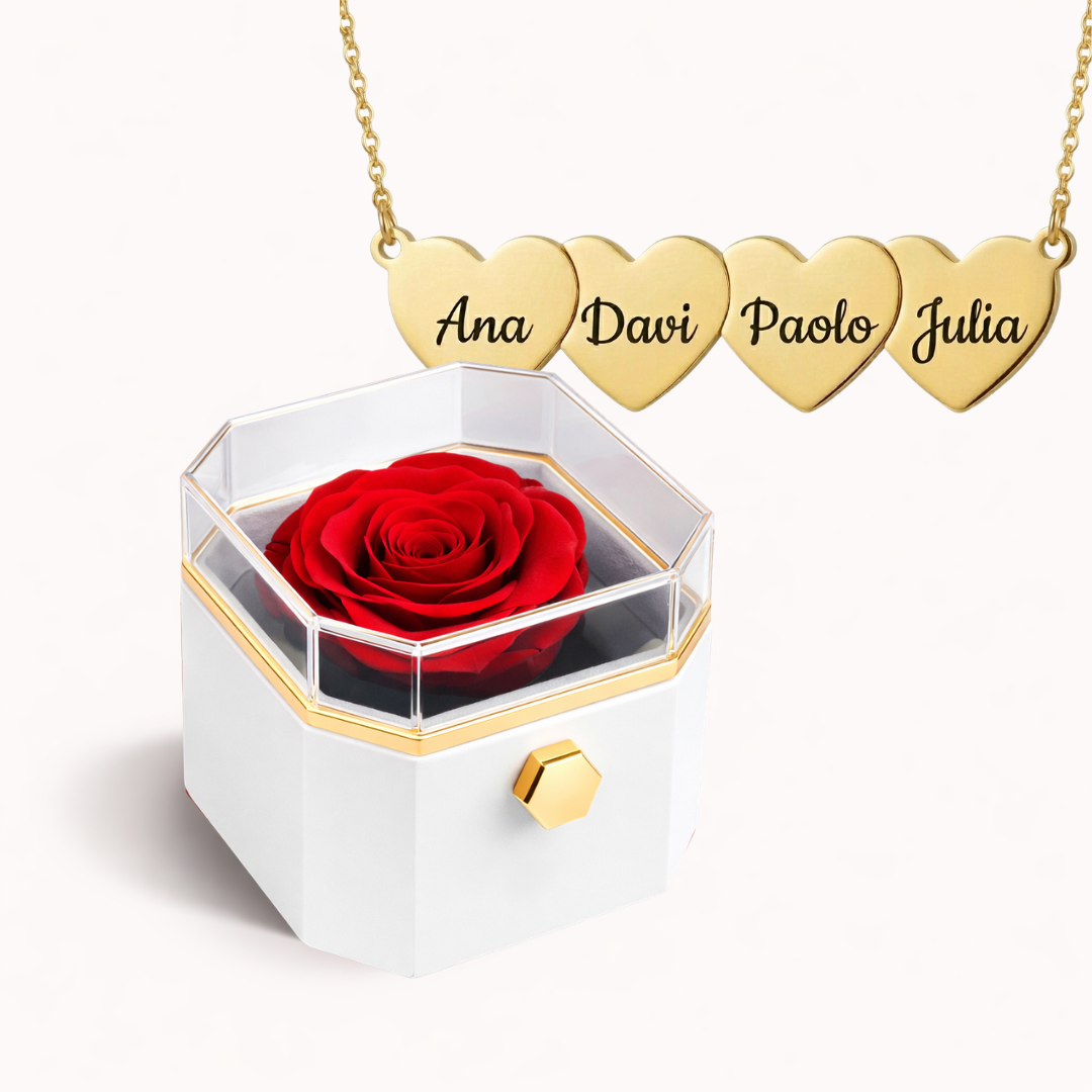 Caixa Rosa Eterna Rotativa + Colar Amor em Cada Nome