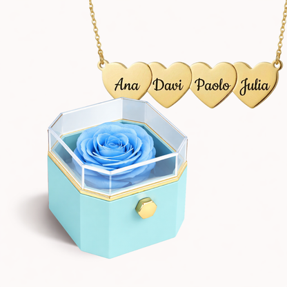Caixa Rosa Eterna Rotativa + Colar Amor em Cada Nome