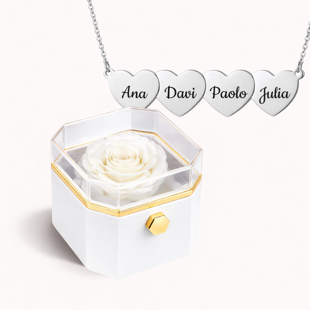 Caixa Rosa Eterna Rotativa + Colar Amor em Cada Nome