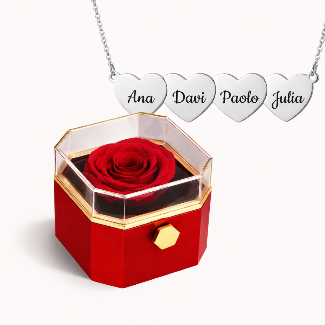 Caixa Rosa Eterna Rotativa + Colar Amor em Cada Nome