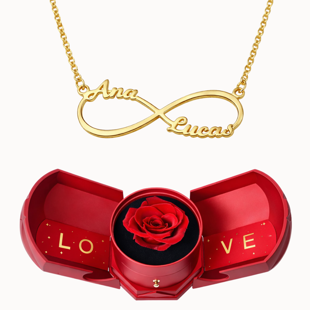 Caixa Rosa Eterna com Colar Infinito Personalizado