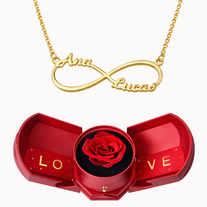Caixa Rosa Eterna com Colar Infinito Personalizado