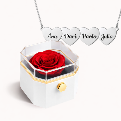 Caixa Rosa Eterna Rotativa + Colar Amor em Cada Nome