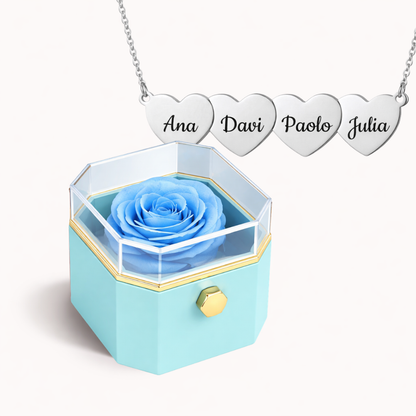 Caixa Rosa Eterna Rotativa + Colar Amor em Cada Nome