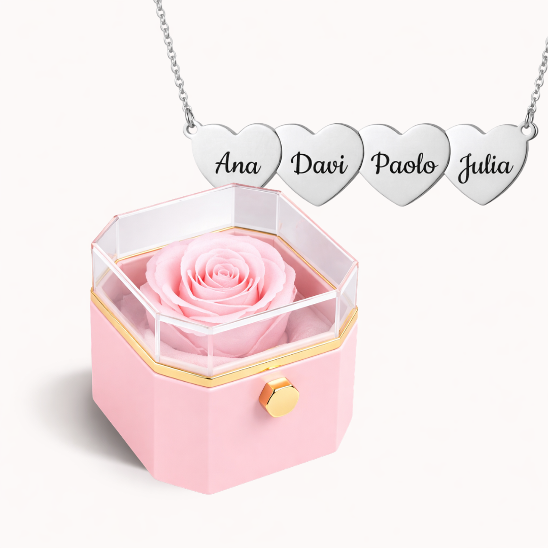 Caixa Rosa Eterna Rotativa + Colar Amor em Cada Nome