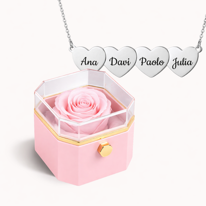 Caixa Rosa Eterna Rotativa + Colar Amor em Cada Nome