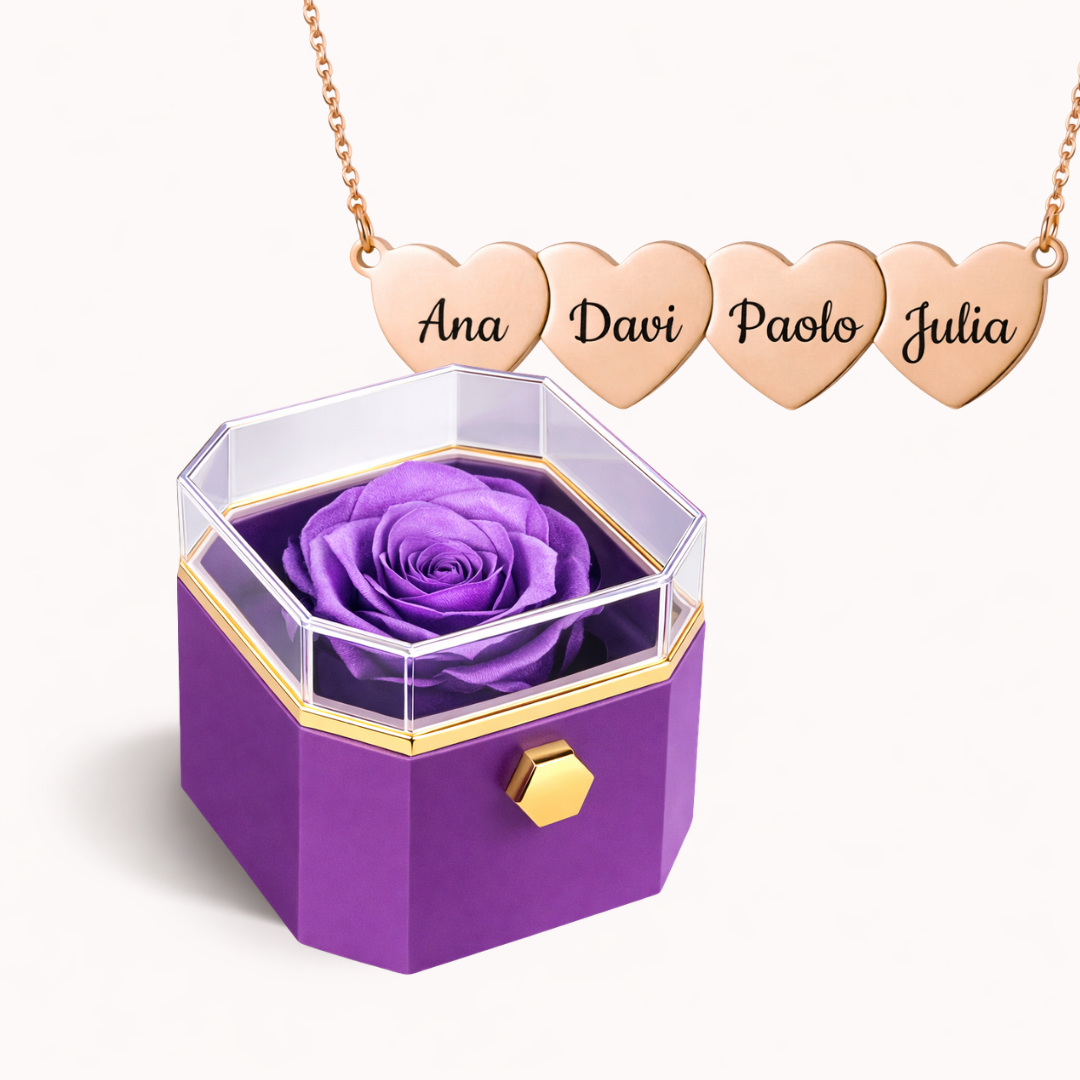 Caixa Rosa Eterna Rotativa + Colar Amor em Cada Nome