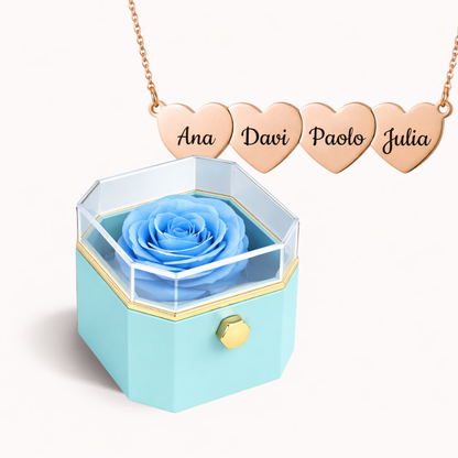 Caixa Rosa Eterna Rotativa + Colar Amor em Cada Nome