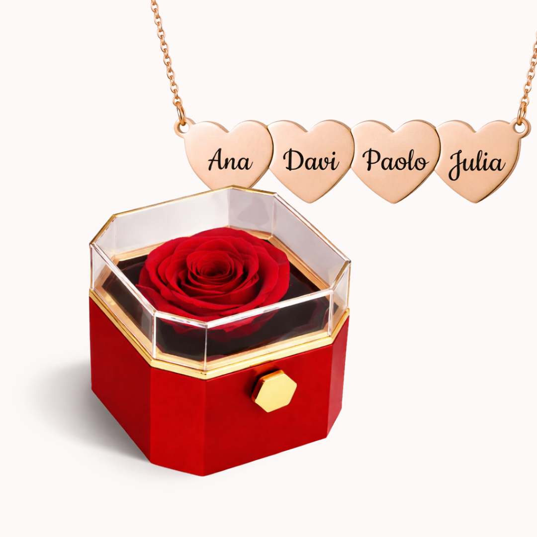 Caixa Rosa Eterna Rotativa + Colar Amor em Cada Nome