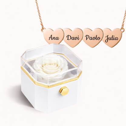 Caixa Rosa Eterna Rotativa + Colar Amor em Cada Nome