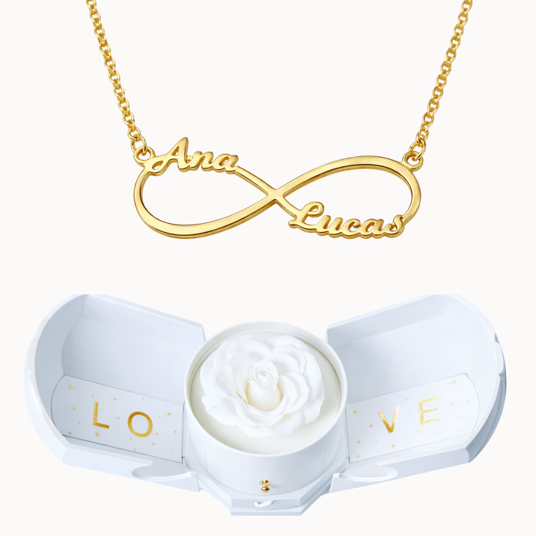 Caixa Rosa Eterna com Colar Infinito Personalizado