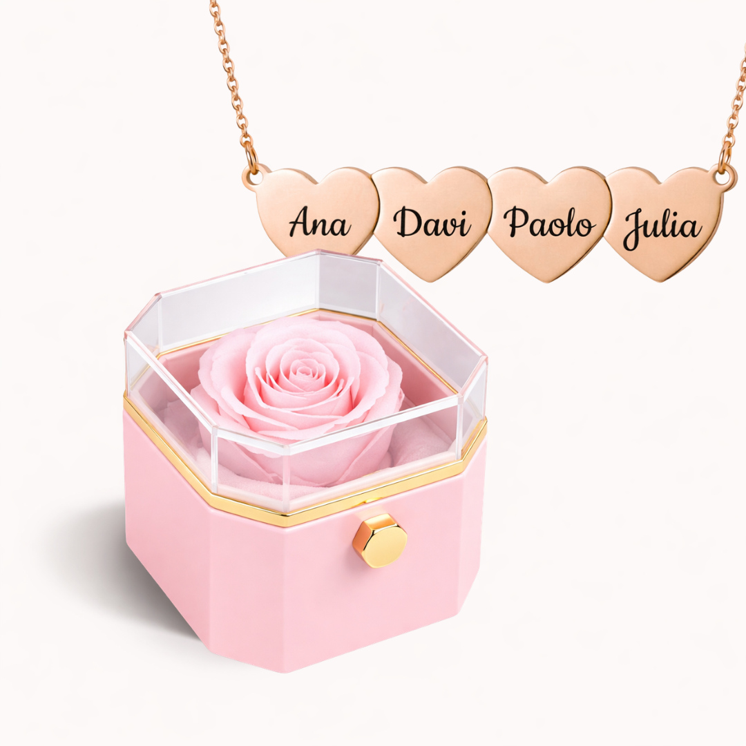 Caixa Rosa Eterna Rotativa + Colar Amor em Cada Nome
