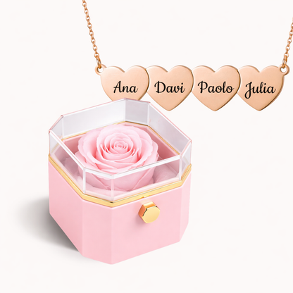 Caixa Rosa Eterna Rotativa + Colar Amor em Cada Nome