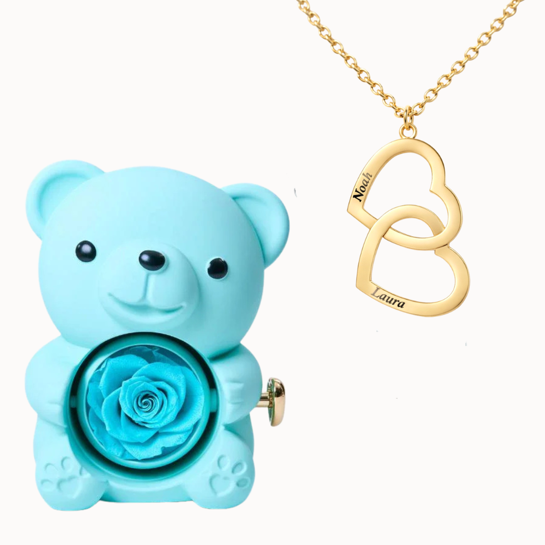 Caixa Urso Eterno com Colar Duplo Coração Personalizado