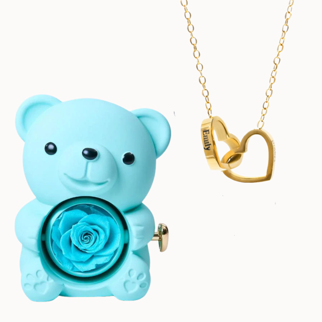 Urso Eterno com Colar Dois Corações Personalizado