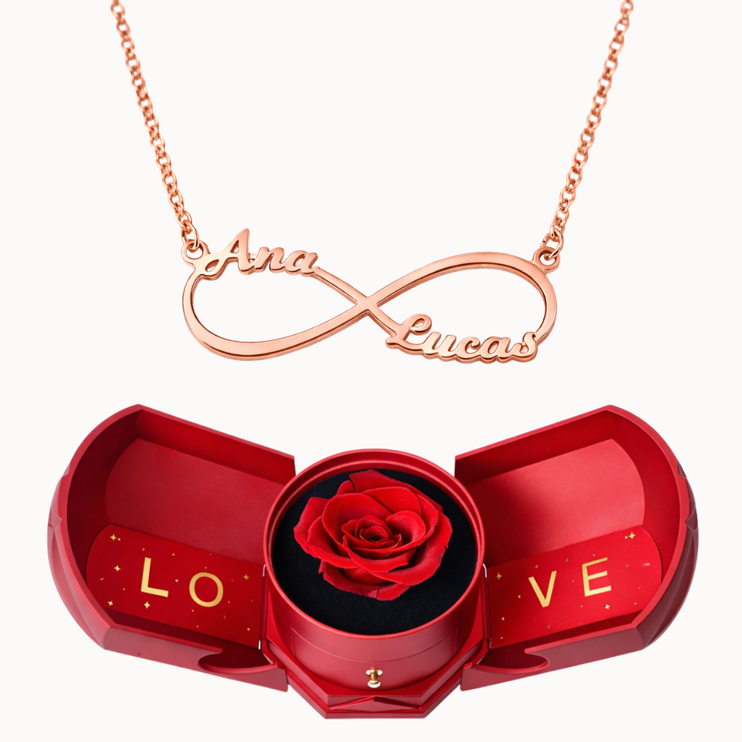 Caixa Rosa Eterna com Colar Infinito Personalizado