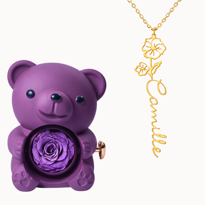 Urso Eterno com Colar Nome Flor Personalizado