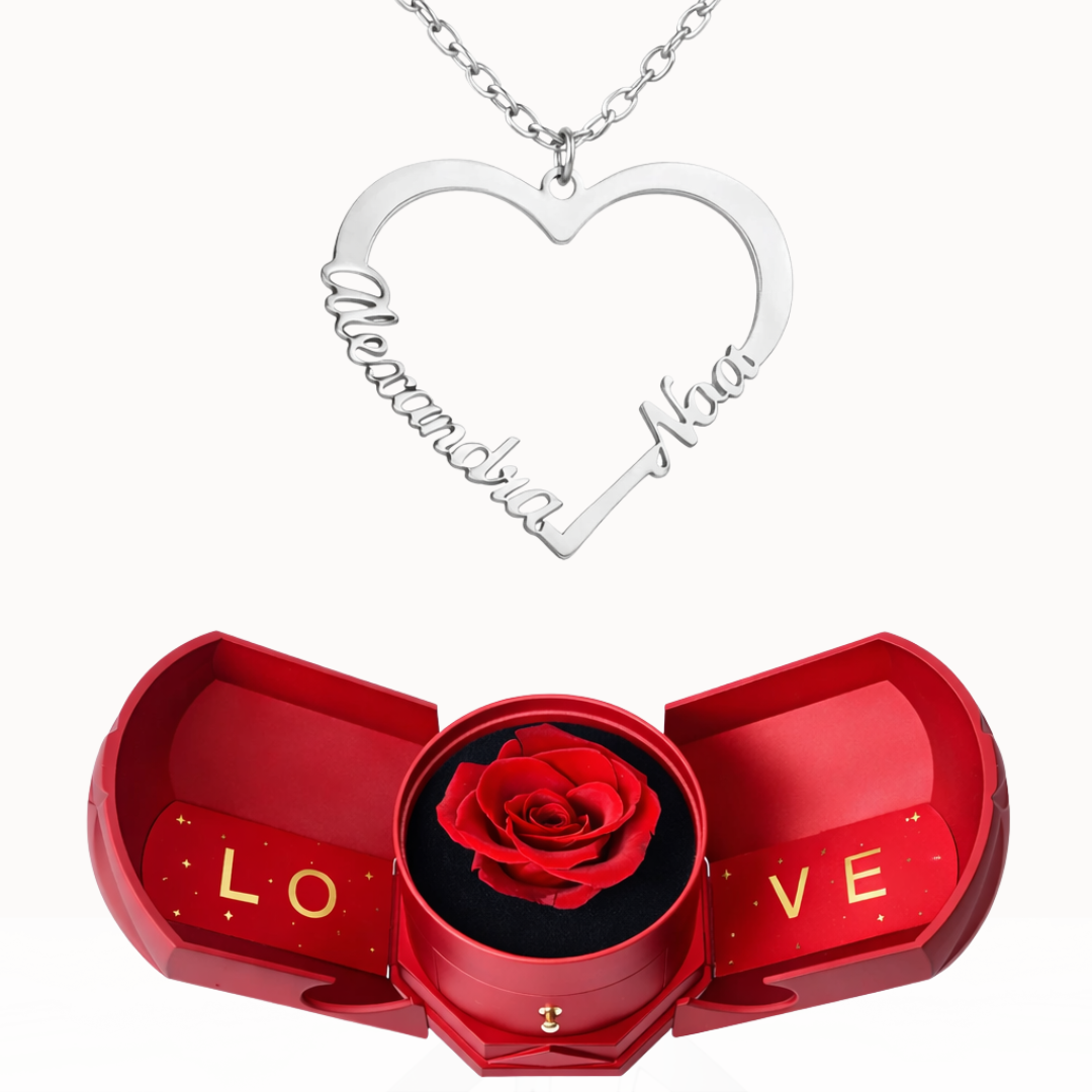 Caixa Rosa Eterna com Colar em Forma de Coração Personalizado