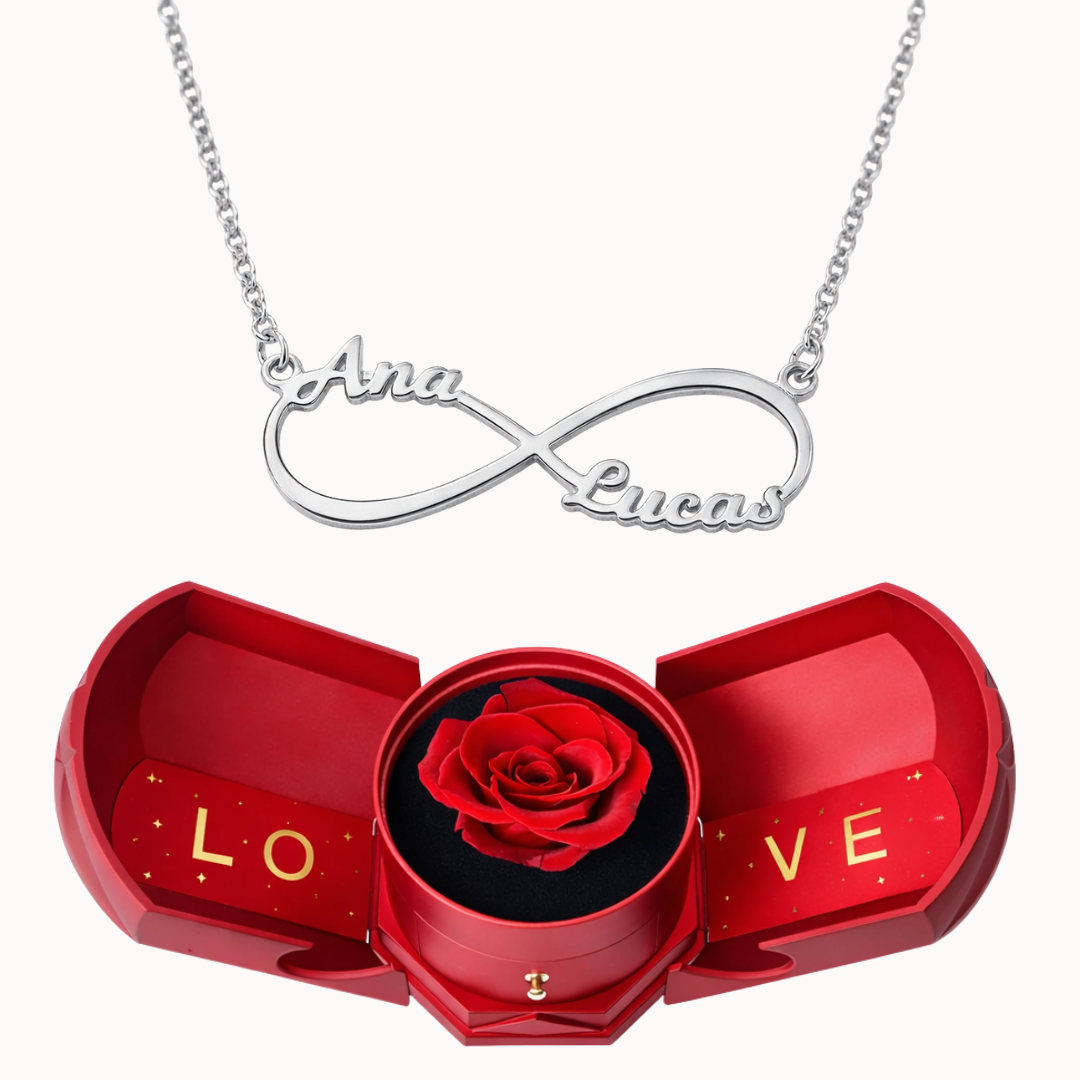 Caixa Rosa Eterna com Colar Infinito Personalizado