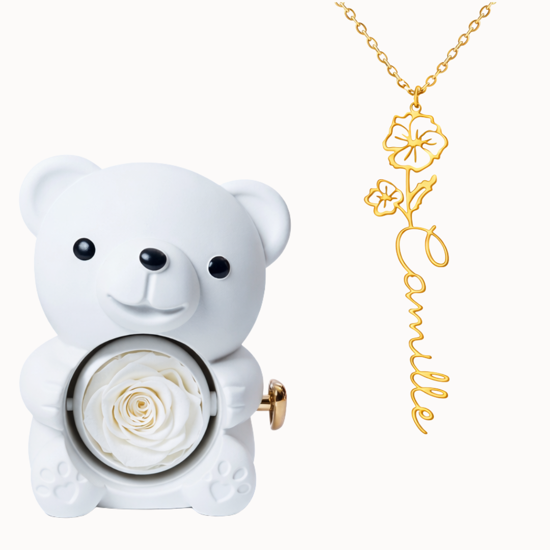 Urso Eterno com Colar Nome Flor Personalizado