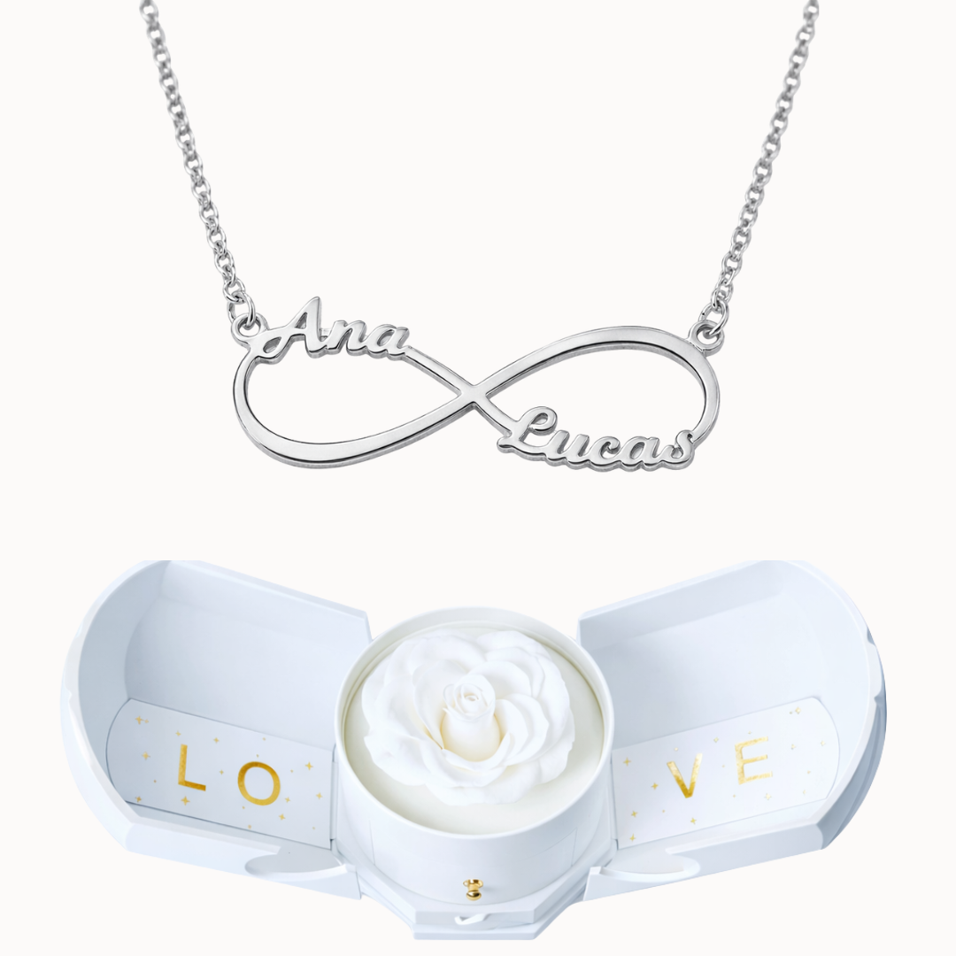 Caixa Rosa Eterna com Colar Infinito Personalizado
