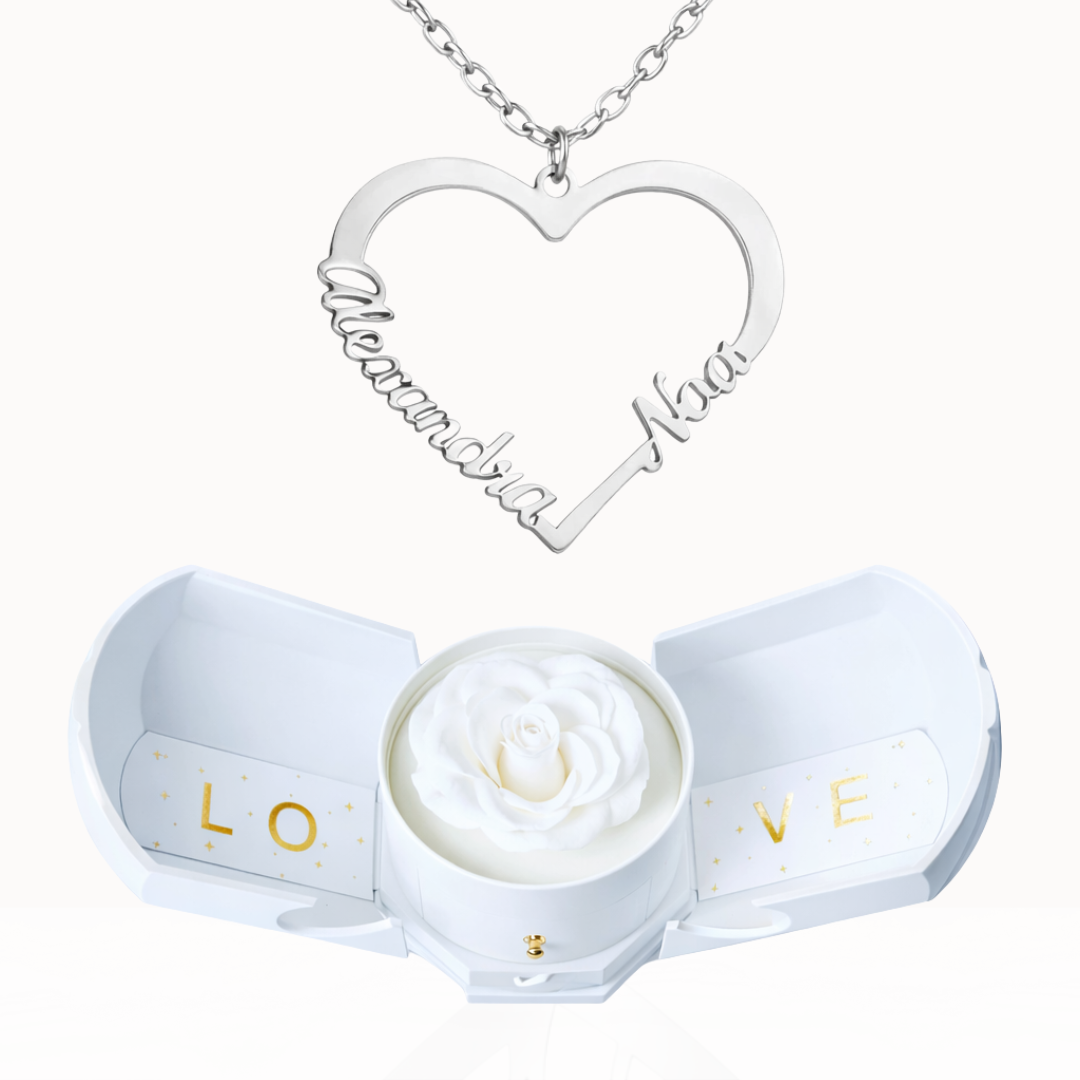 Caixa Rosa Eterna com Colar em Forma de Coração Personalizado