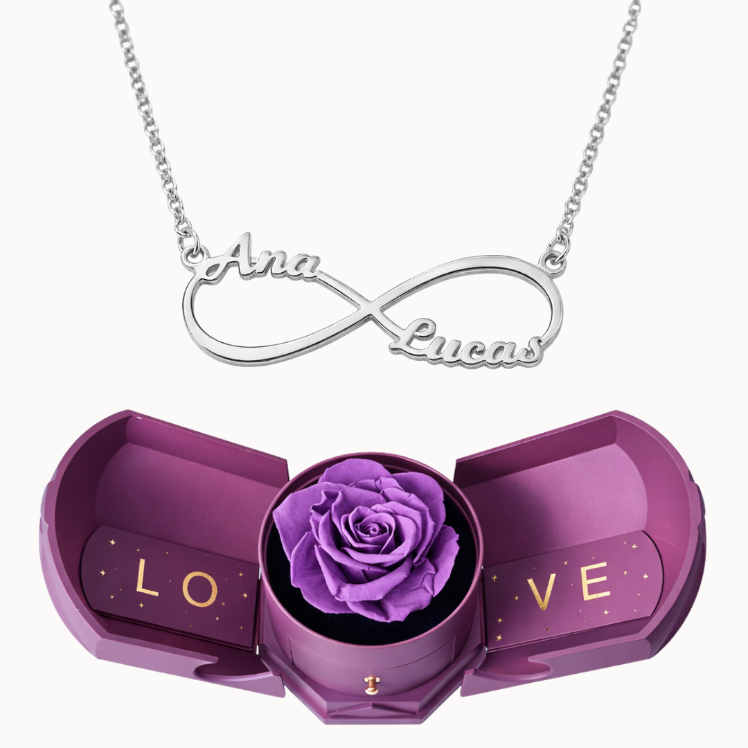 Caixa Rosa Eterna com Colar Infinito Personalizado