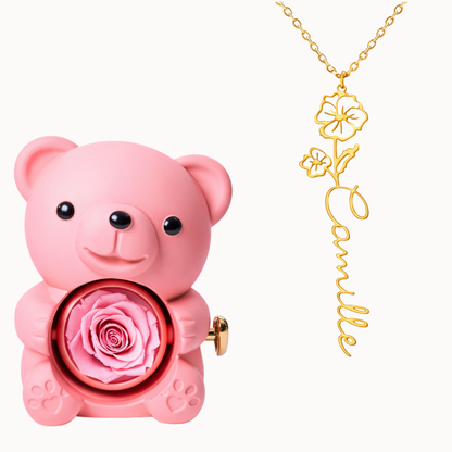 Urso Eterno com Colar Nome Flor Personalizado