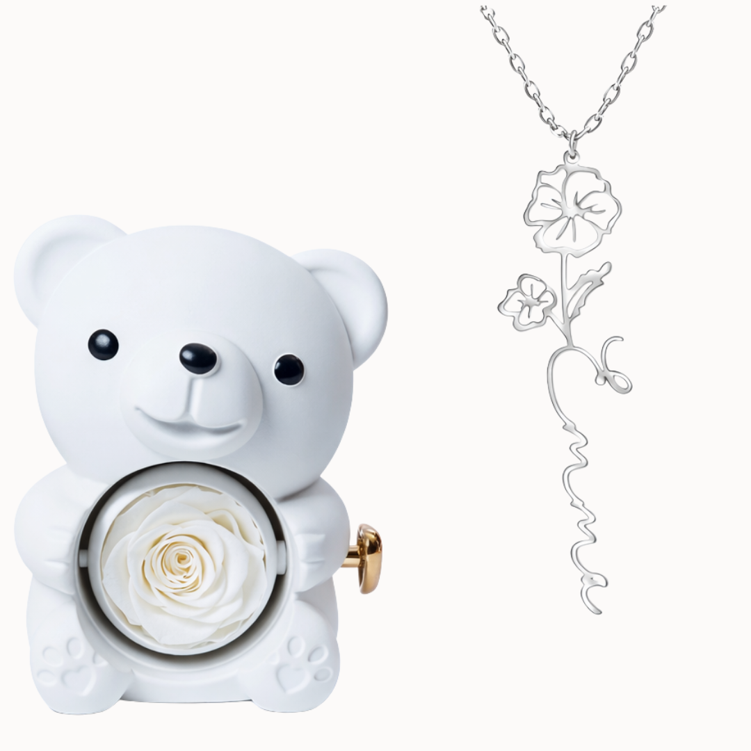 Urso Eterno com Colar Nome Flor Personalizado