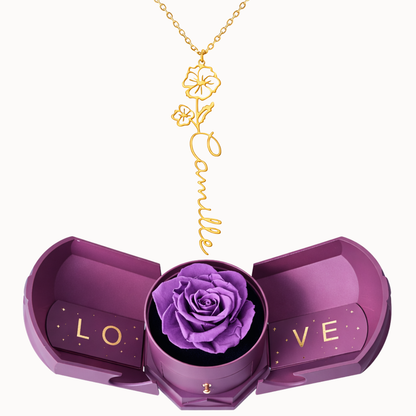 Caixa Rosa Eterna com Colar Nome Flor Personalizado